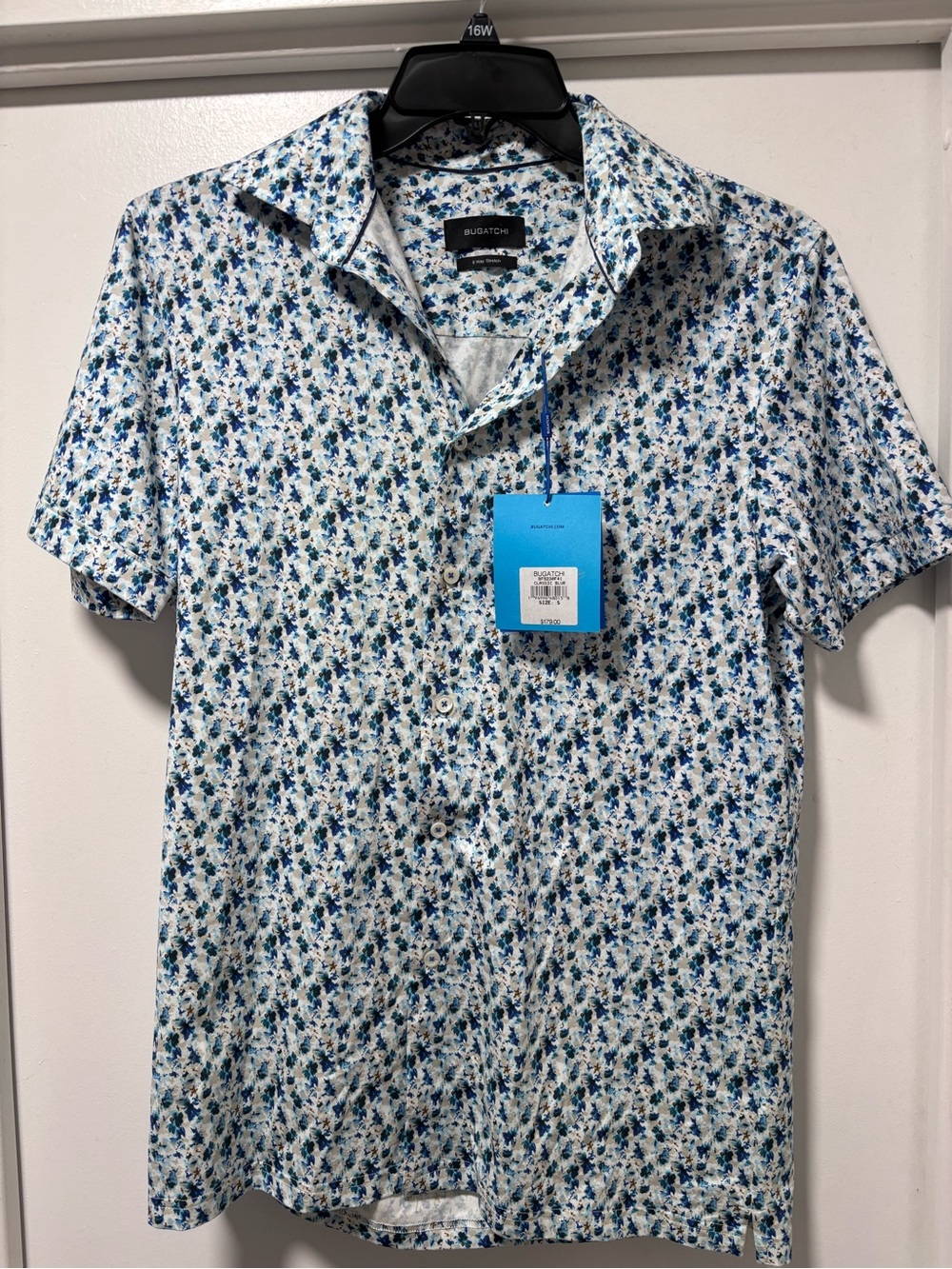 Bugatchi White and Blue Floral Short Sleeve Button-Down Shirt size Small